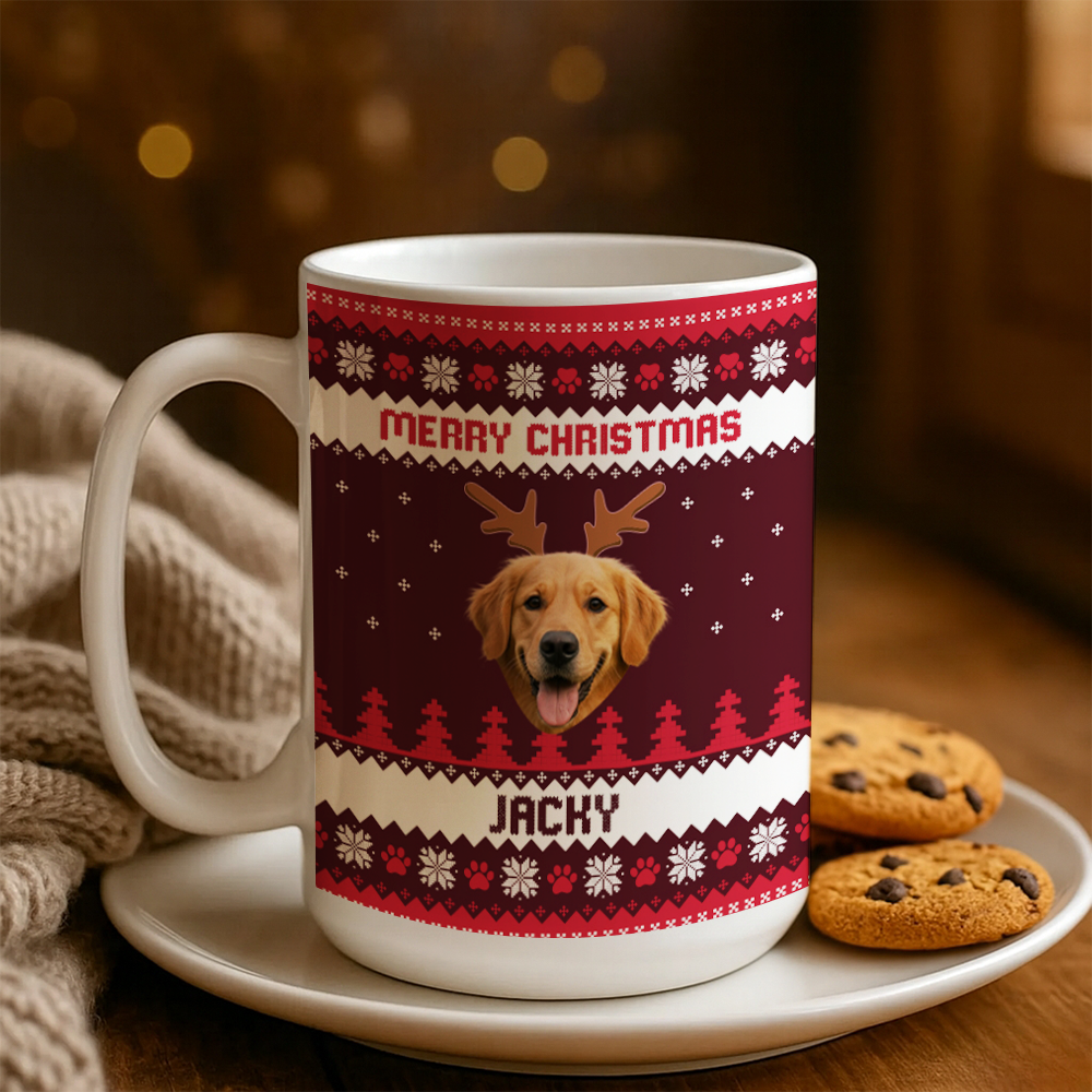 Personalized Dog Photo Merry Christmas Mug – Custom Pet Ceramic Coffee Cup, Holiday Gift for Dog Lovers TH99