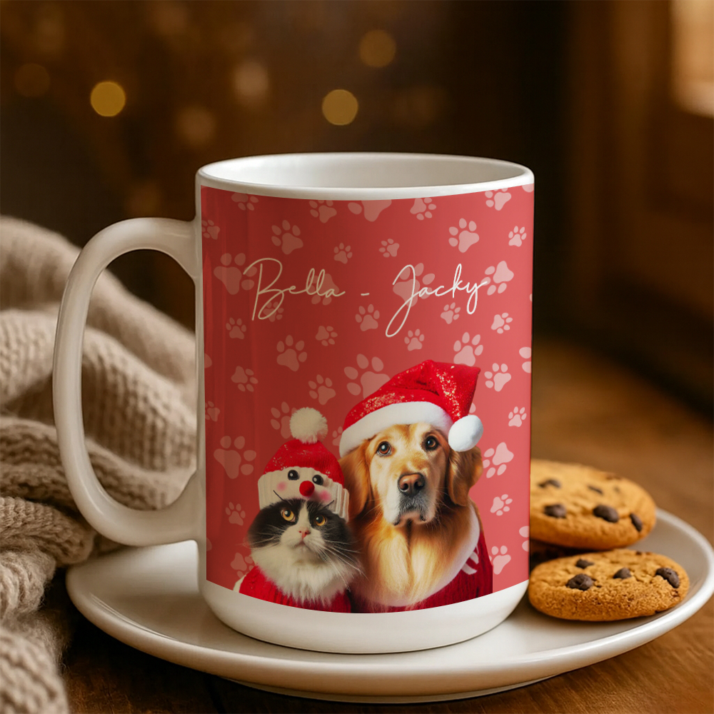 Custom Photo Pet Dog Cat Mug – Personalized Pet Face with Paw Pattern Style 5 TH99