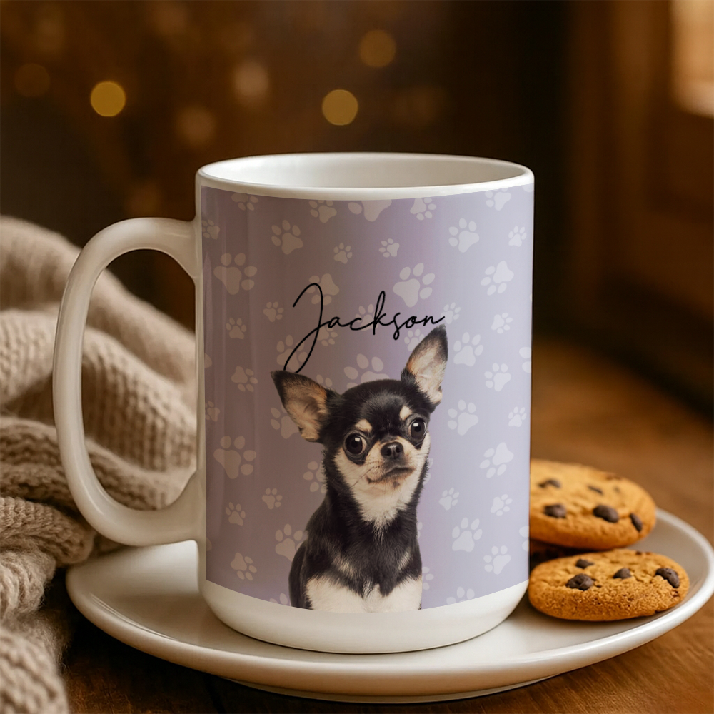 Custom Photo Pet Dog Cat Mug – Personalized Pet Face with Paw Pattern Style 4 TH99