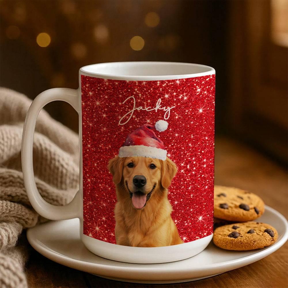 Personalized Dog Photo Christmas Mug – Custom Pet Red Design Ceramic Cup, Holiday Gift for Dog Lovers, Cute Pet Coffee Cup, Custom Xmas Present TH99