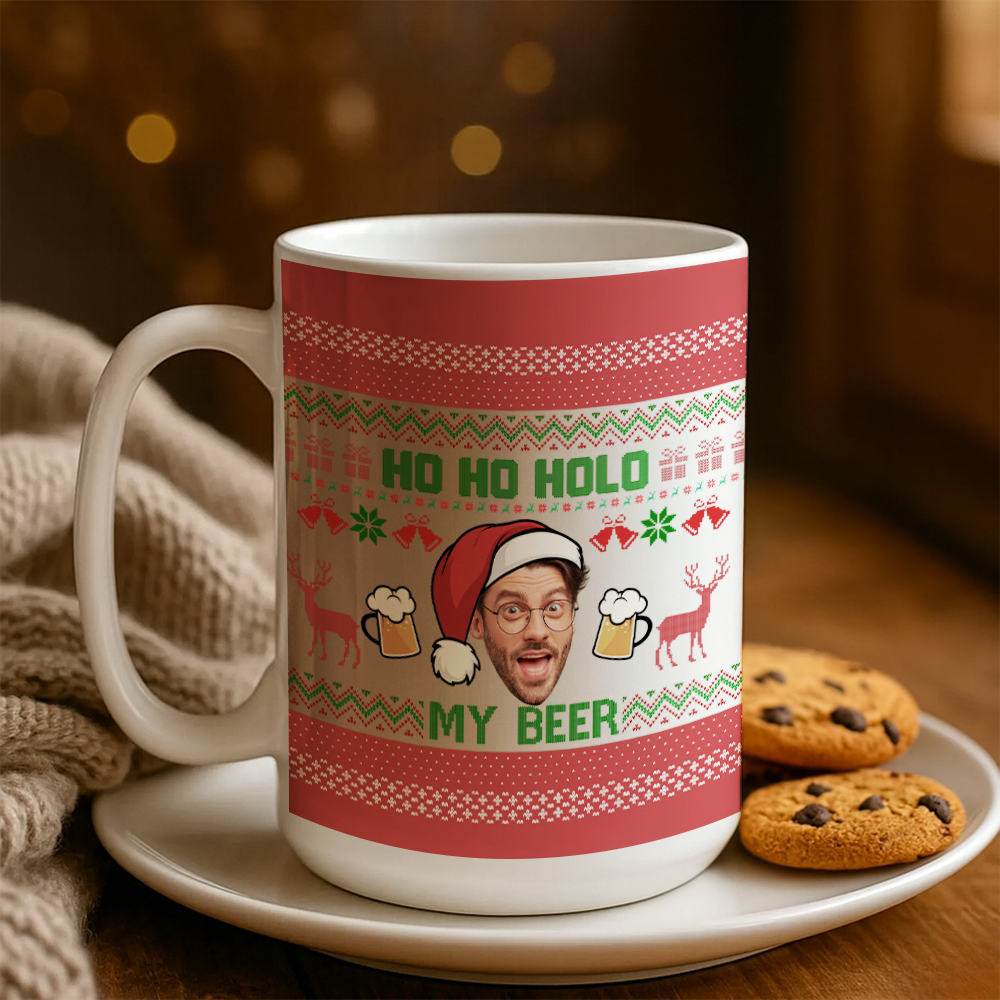 Personalized Photo Face Ho Ho Hold My Beer Christmas Mug – Funny Custom Face Xmas Gift – Holiday Gag Gift for Him TH99