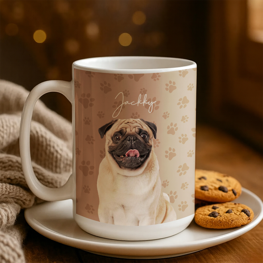 Custom Photo Pet Dog Cat Mug – Personalized Pet Face with Paw Pattern Style 1 TH99