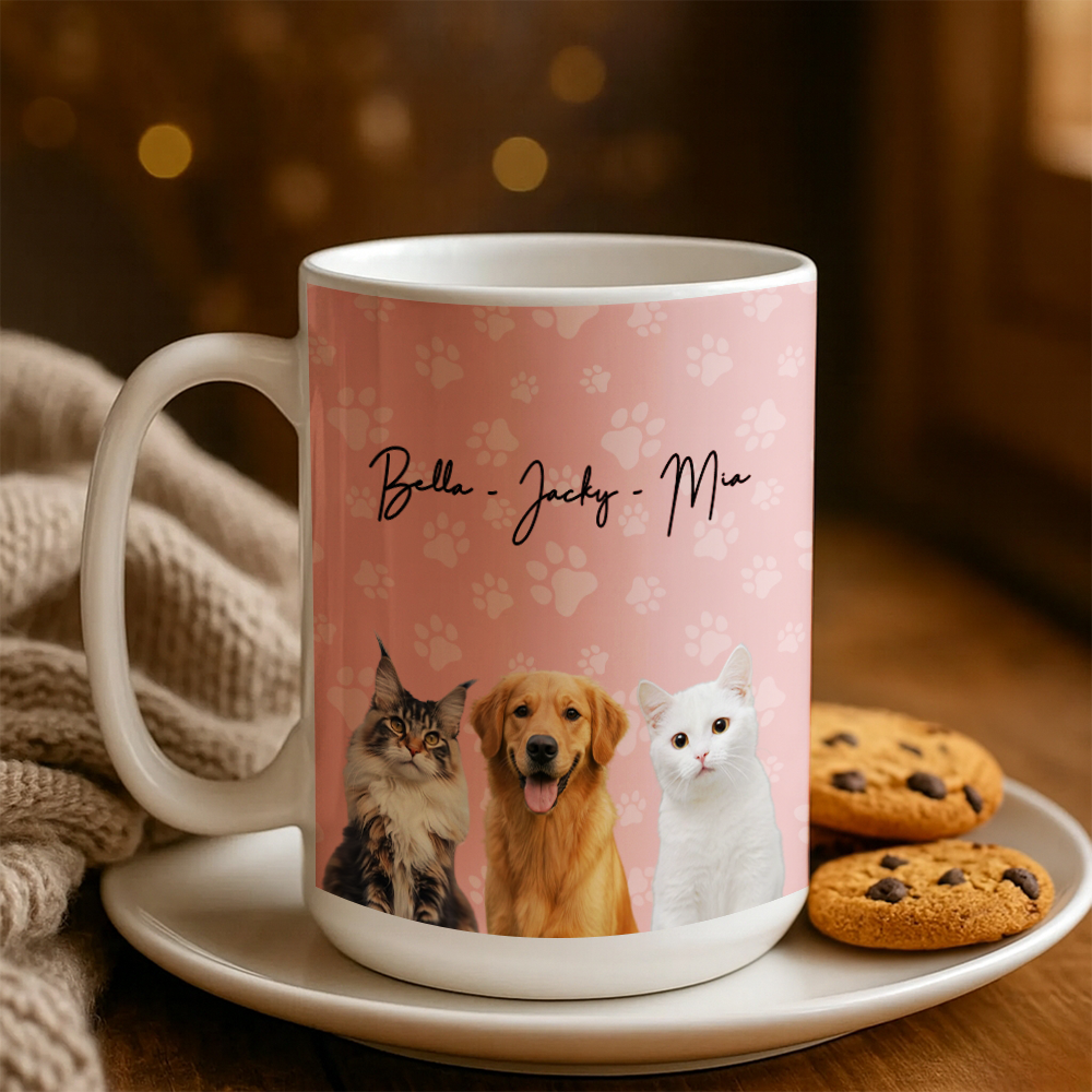 Custom Photo Pet Dog Cat Mug – Personalized Pet Face with Paw Pattern Style 2 TH99