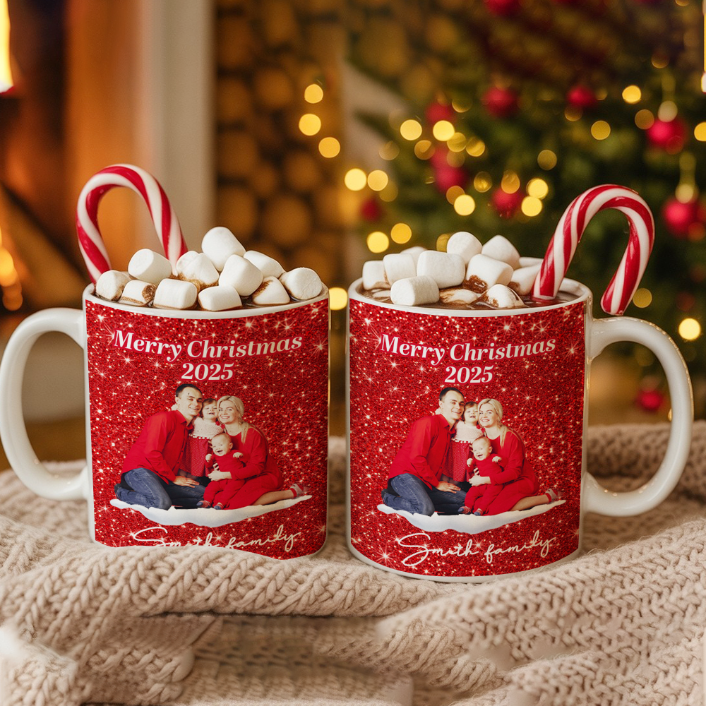 Personalized Family Photo Christmas Mug – Custom Red Design Ceramic Cup, Holiday Gift for Family, Festive Coffee Cup, Custom Xmas PresentTH99