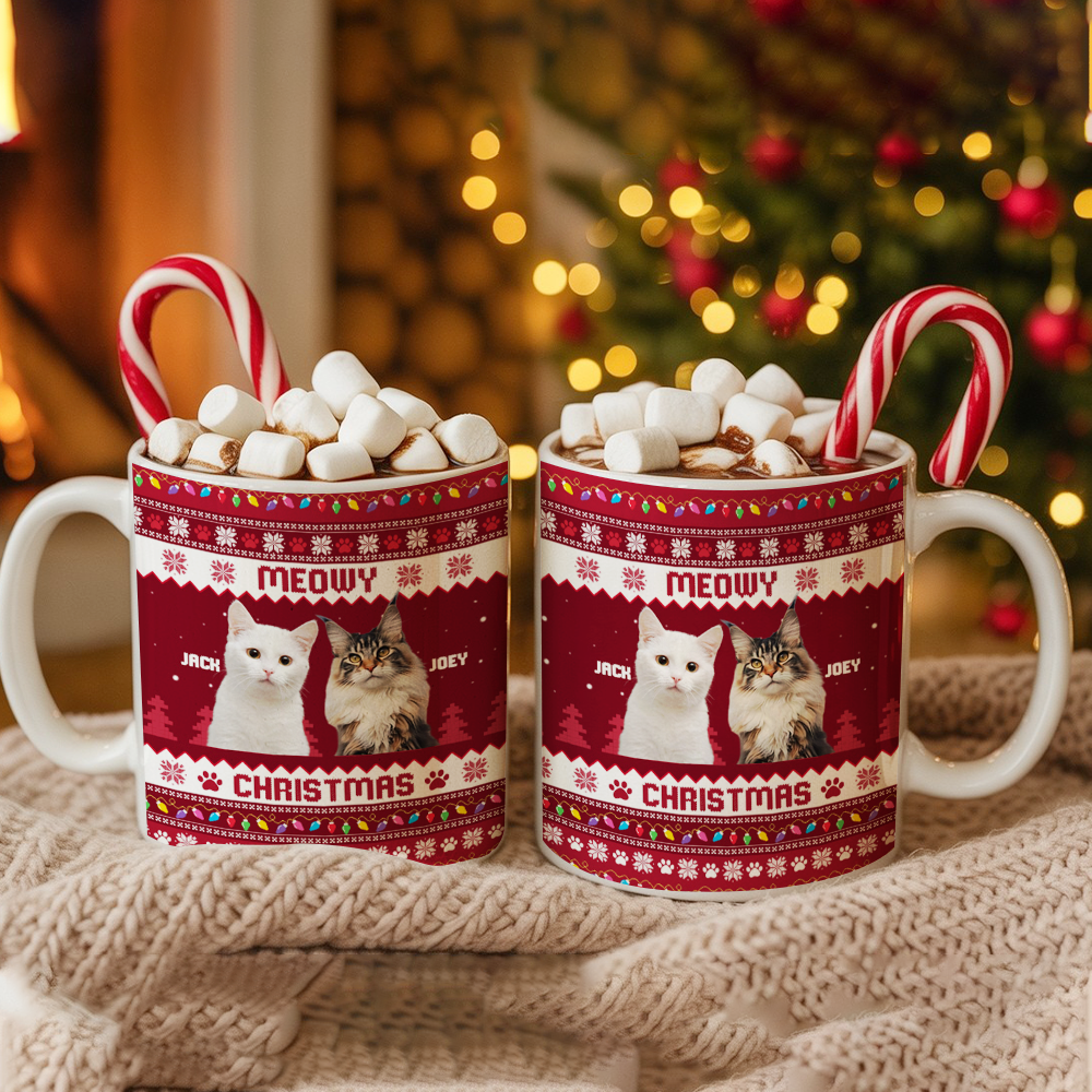 Personalized Photo Cat Meowy Christmas Mug – Custom Pet Face Christmas Gift for Cat Lovers TH99