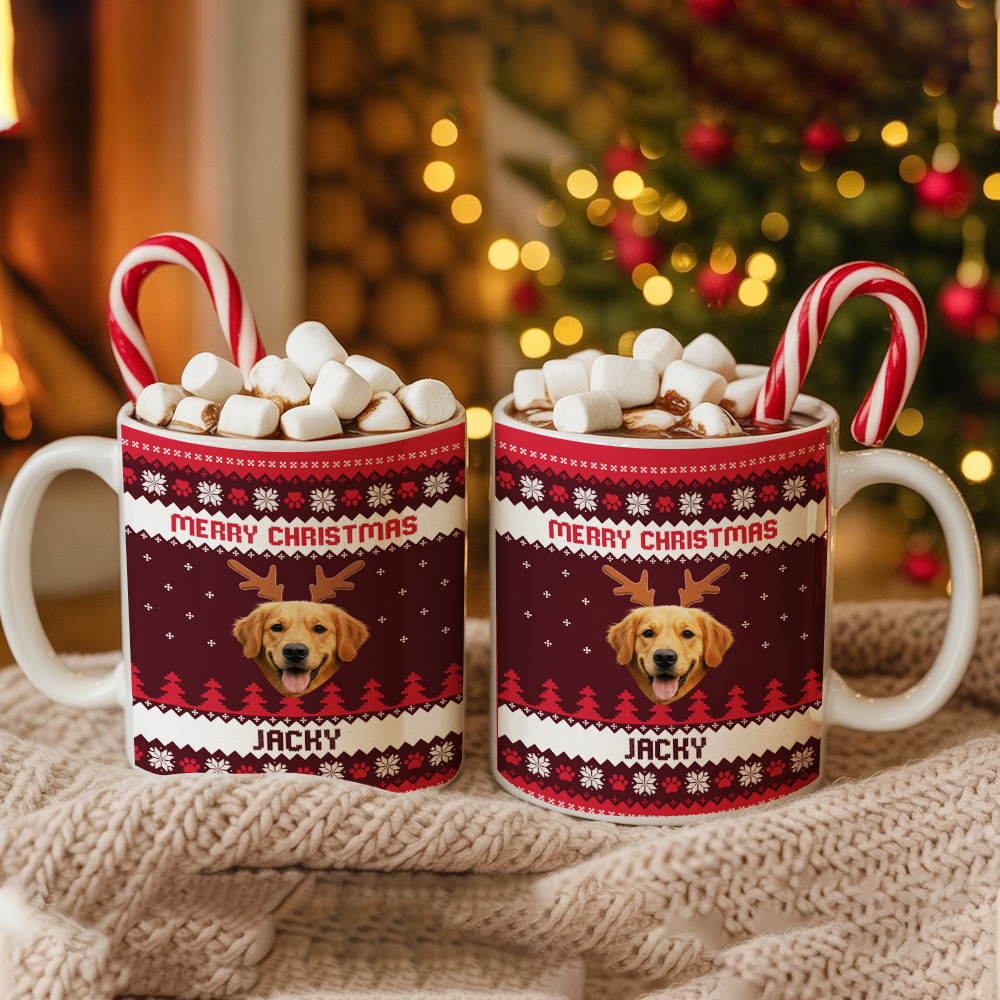 Personalized Dog Photo Merry Christmas Mug – Custom Pet Ceramic Coffee Cup, Holiday Gift for Dog Lovers TH99