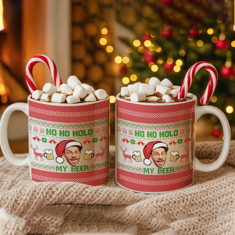 Personalized Photo Face Ho Ho Hold My Beer Christmas Mug – Funny Custom Face Xmas Gift – Holiday Gag Gift for Him TH99