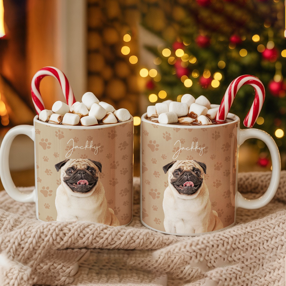 Custom Photo Pet Dog Cat Mug – Personalized Pet Face with Paw Pattern Style 1 TH99