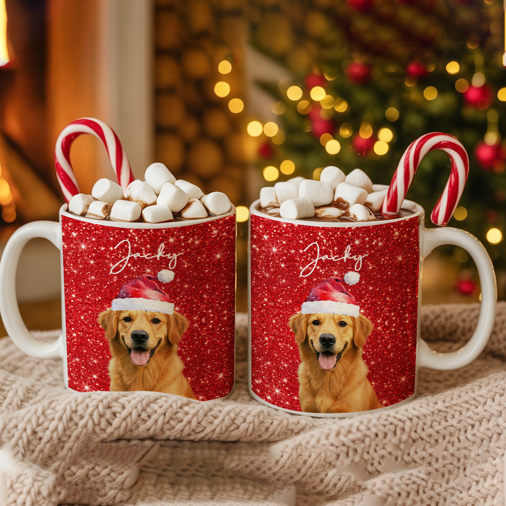 Personalized Dog Photo Christmas Mug – Custom Pet Red Design Ceramic Cup, Holiday Gift for Dog Lovers, Cute Pet Coffee Cup, Custom Xmas Present TH99