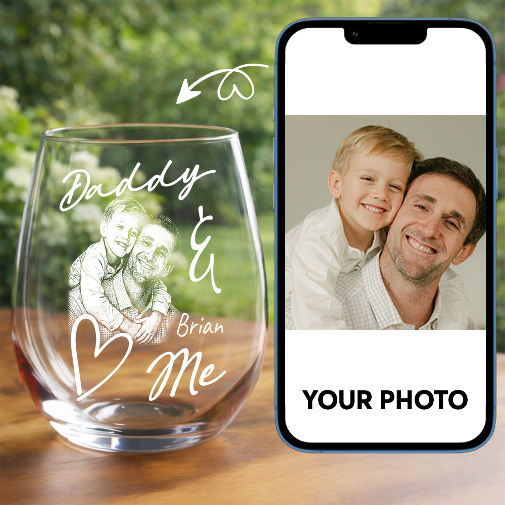 Custom Photo Daddy Love Me Stemless Wine Glass, Personalized Gift for Dad from Kids THUC99