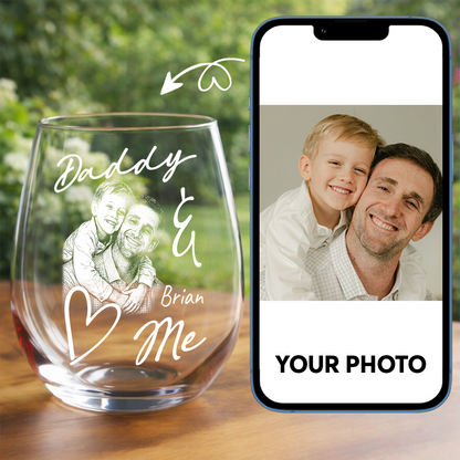 Custom Photo Daddy Love Me Stemless Wine Glass, Personalized Gift for Dad from Kids THUC99