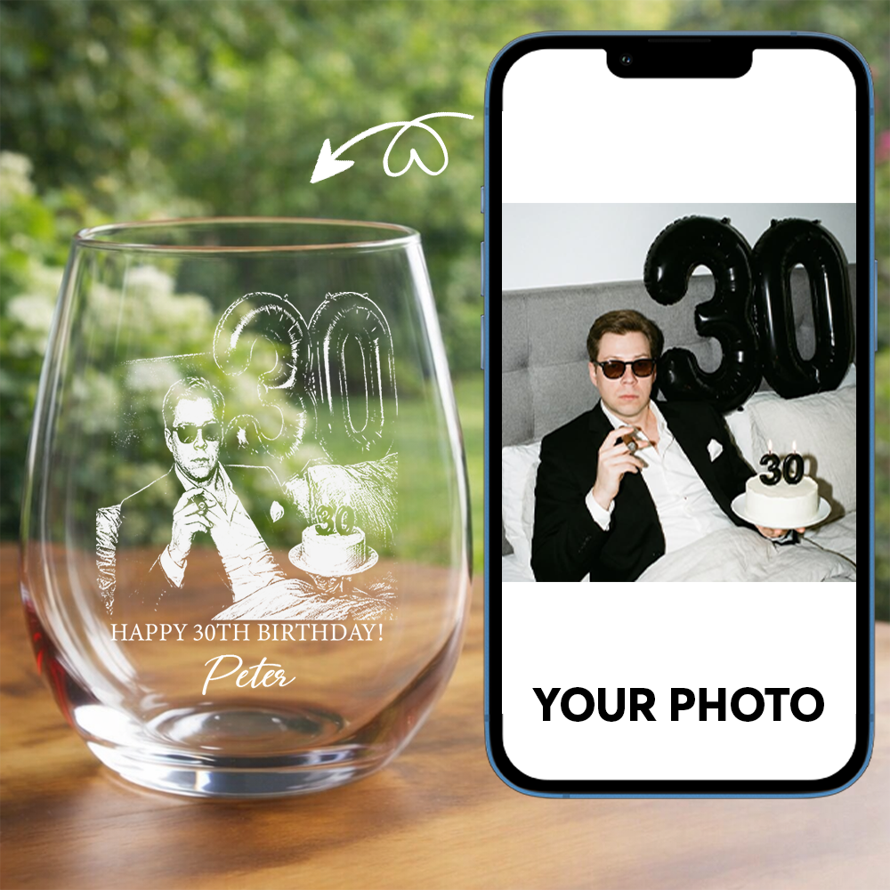 Custom Photo 30th Birthday Stemless Wine Glass, Personalized Birthday Gift THUC99