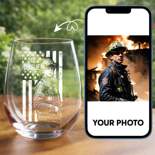 Custom Photo Firefighter American Flag Stemless Wine Glass, Personalized Firefighter Gift THUC99