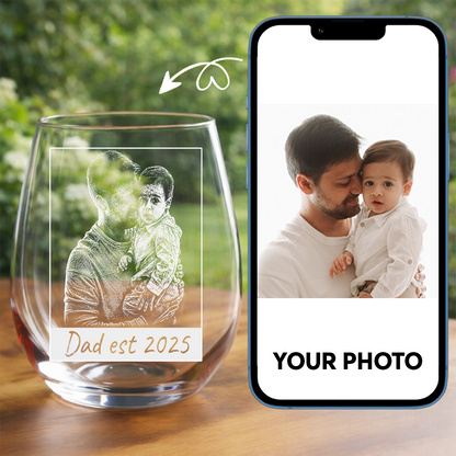 Custom Photo Dad Est Stemless Wine Glass, Personalized Father's Day Gift THUC99