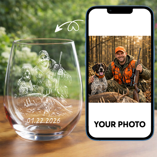 Custom Photo Hunting Memorial Stemless Wine Glass, Personalized In Loving Memory Gift THUC99