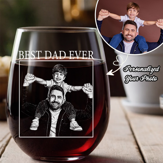 Custom Photo Best Dad Ever Wine Glass, Father's Day Gift for Dad from Kids THUC99
