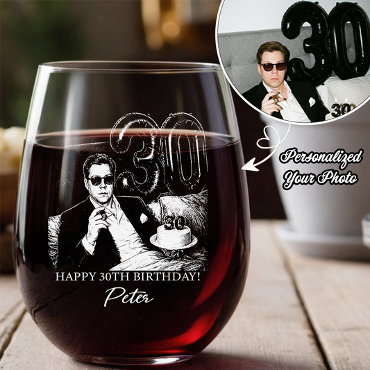 Custom Photo 30th Birthday Stemless Wine Glass, Personalized Birthday Gift THUC99