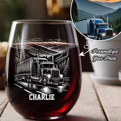Custom Photo Trucker Driver Wine Glass, Personalized Truck Driver Gift For Father's day THUC99