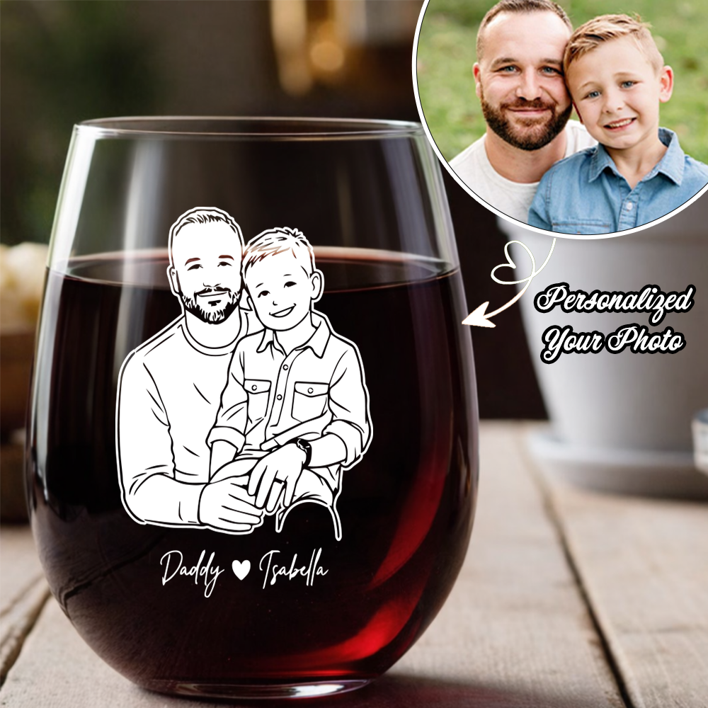 Custom Photo Dad Artwork Stemless Wine Glass, Personalized Gift for Father's Day THUC99