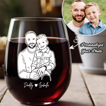Custom Photo Dad Artwork Stemless Wine Glass, Personalized Gift for Father's Day THUC99