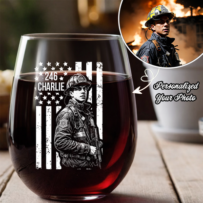 Custom Photo Firefighter American Flag Stemless Wine Glass, Personalized Firefighter Gift THUC99