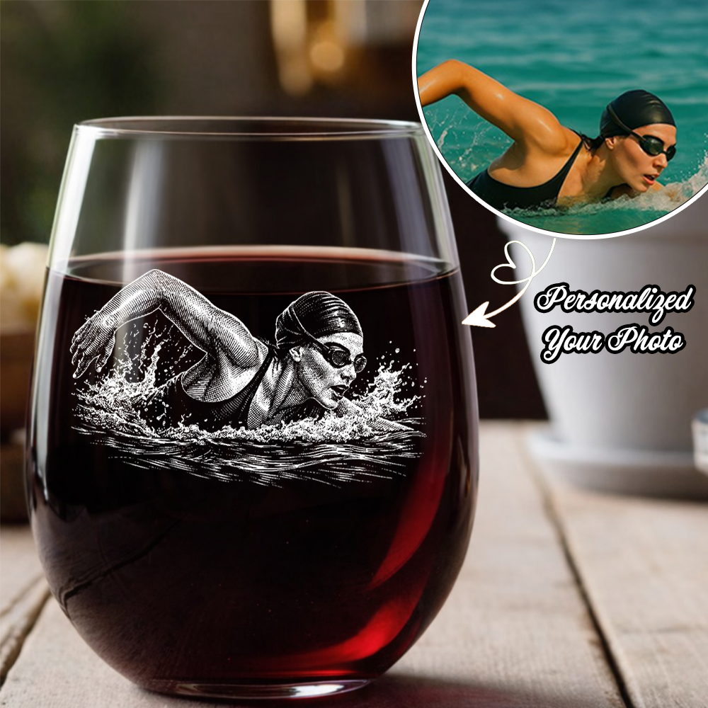 Custom Photo Swim Team Wine Glass, Personalized Swimmer Gift for Sports Lover THUC99