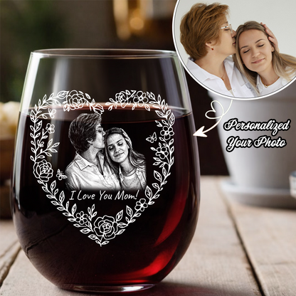 Custom Photo Mother's Day Heart Shape Wine Glass, Personalized Mom Gift THUC99