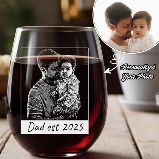 Custom Photo Dad Est Stemless Wine Glass, Personalized Father's Day Gift THUC99