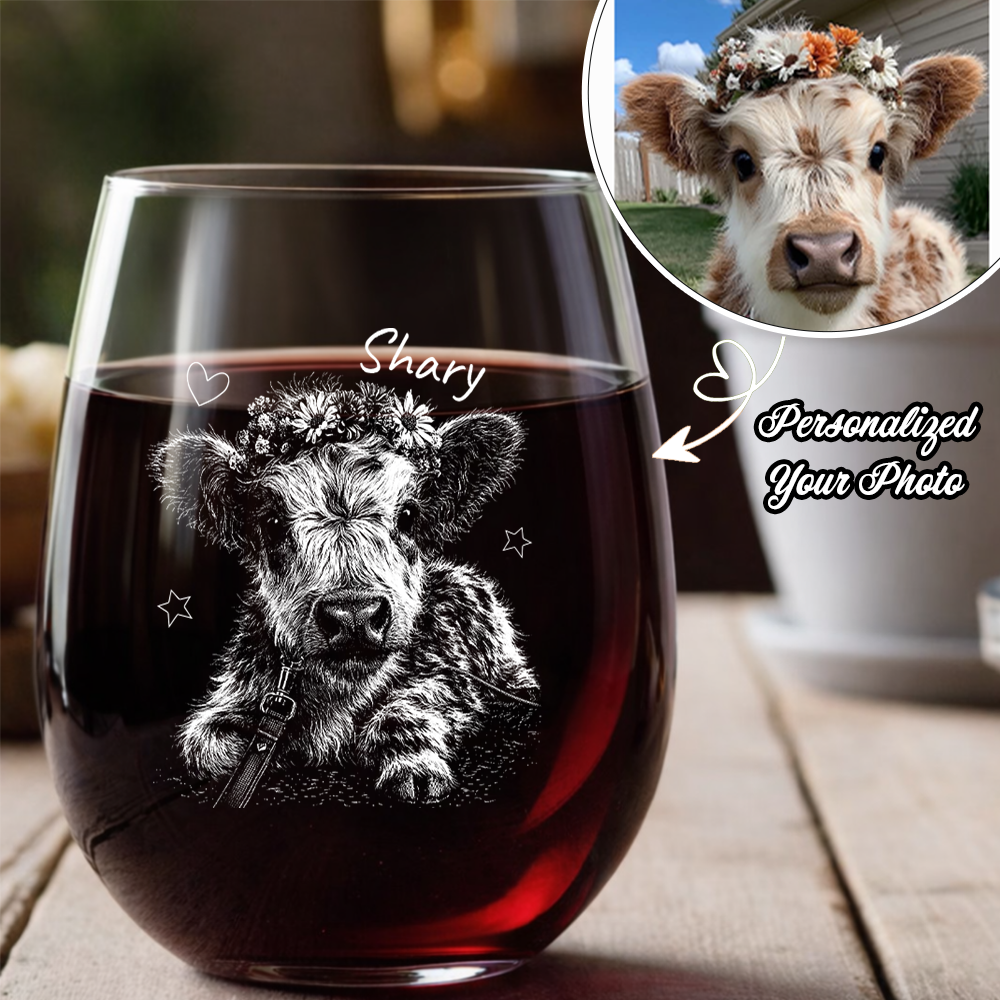 Custom Photo Highland Cow Stemless Wine Glass, Personalized Cow Lover Gift for Her THUC99
