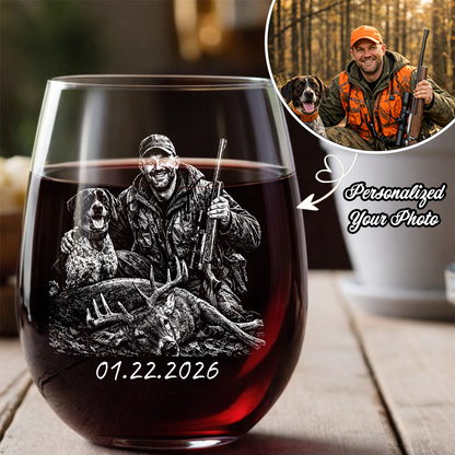 Custom Photo Hunting Memorial Stemless Wine Glass, Personalized In Loving Memory Gift THUC99