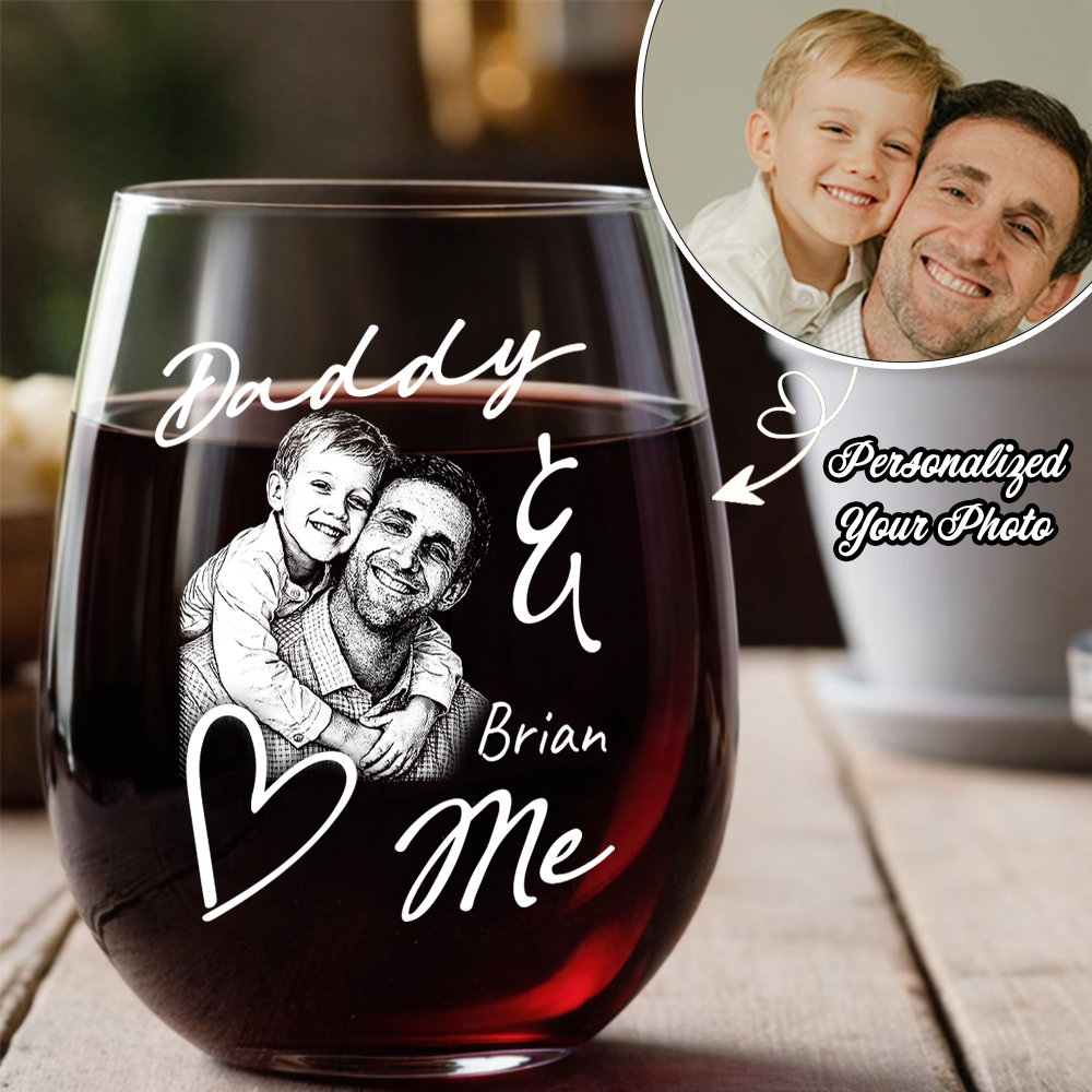 Custom Photo Daddy Love Me Stemless Wine Glass, Personalized Gift for Dad from Kids THUC99