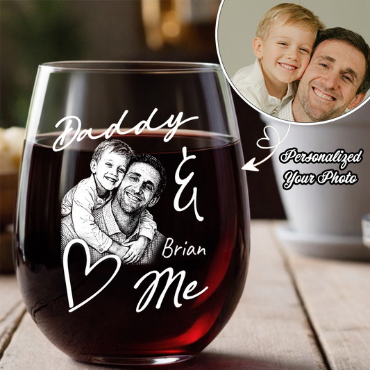 Custom Photo Daddy Love Me Stemless Wine Glass, Personalized Gift for Dad from Kids THUC99