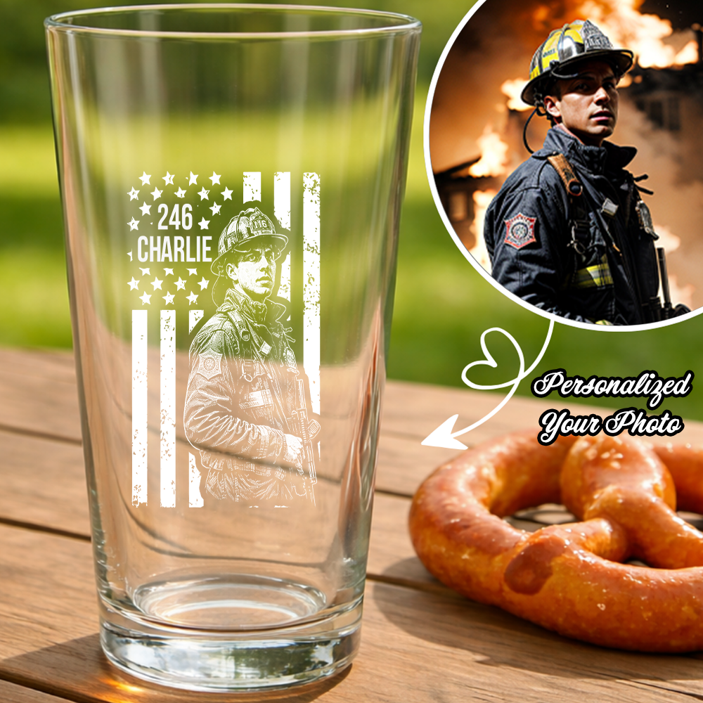 Custom Photo Firefighter American Flag Stemless Wine Glass, Personalized Firefighter Gift THUC99