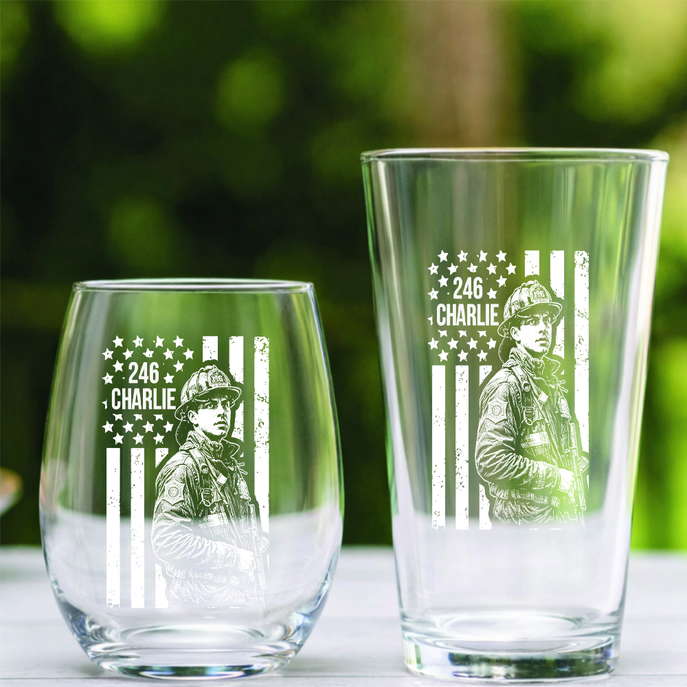 Custom Photo Firefighter American Flag Stemless Wine Glass, Personalized Firefighter Gift THUC99