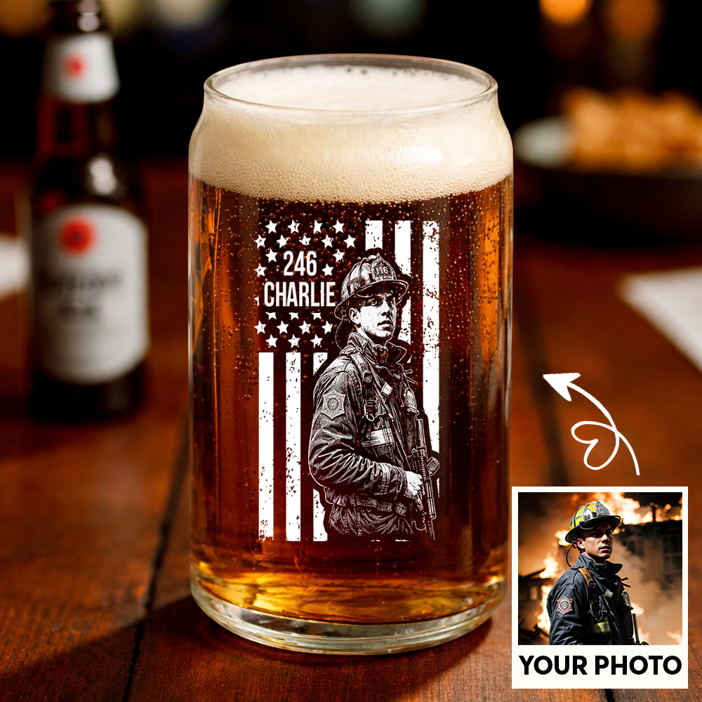 Custom Photo Firefighter American Flag Stemless Wine Glass, Personalized Firefighter Gift THUC99