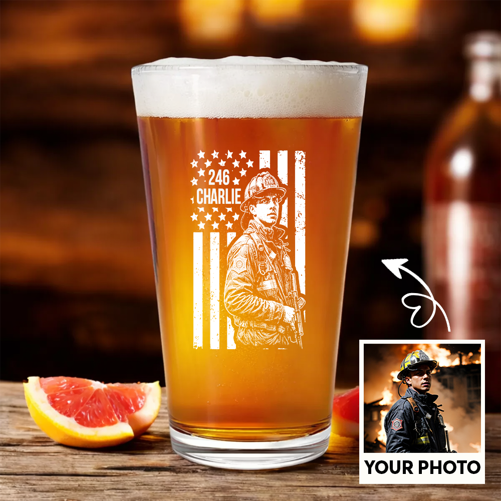 Custom Photo Firefighter American Flag Stemless Wine Glass, Personalized Firefighter Gift THUC99