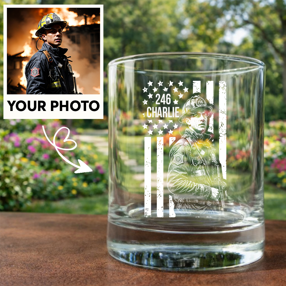 Custom Photo Firefighter American Flag Stemless Wine Glass, Personalized Firefighter Gift THUC99