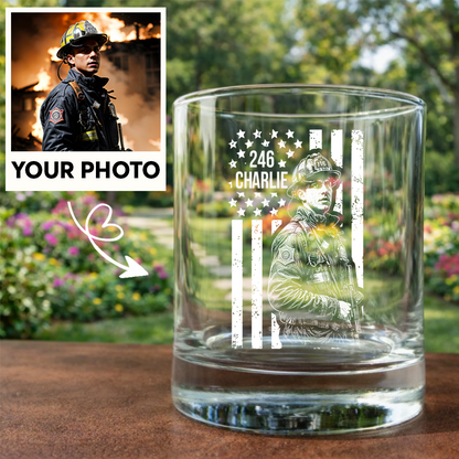 Custom Photo Firefighter American Flag Stemless Wine Glass, Personalized Firefighter Gift THUC99