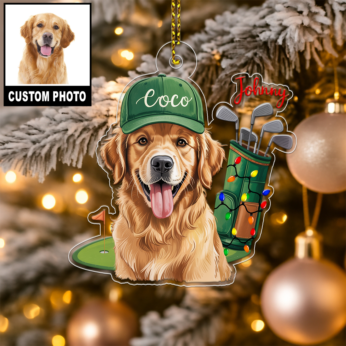 Custom Photo Dog For Golf Lover Acrylic Ornament Christmas Gift