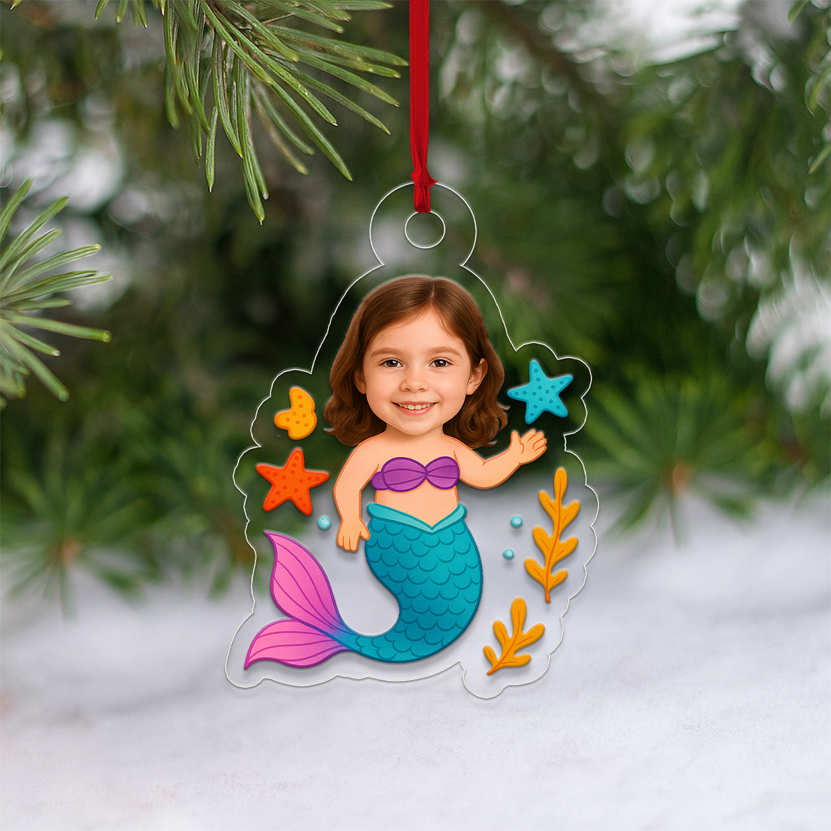 Personalized Mermaid Kids Ornament with Photo, Custom Christmas Decoration, Cute Holiday Gift for Children, Unique Xmas Ornament