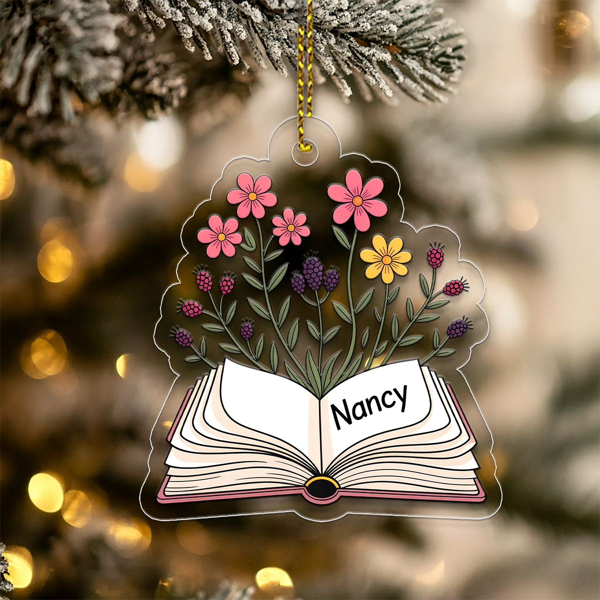 Personalized Flowers Growing From Book Ornament, Custom Book Lover Christmas Ornament, Teacher Gift, Literary Ornament, Holiday Keepsake