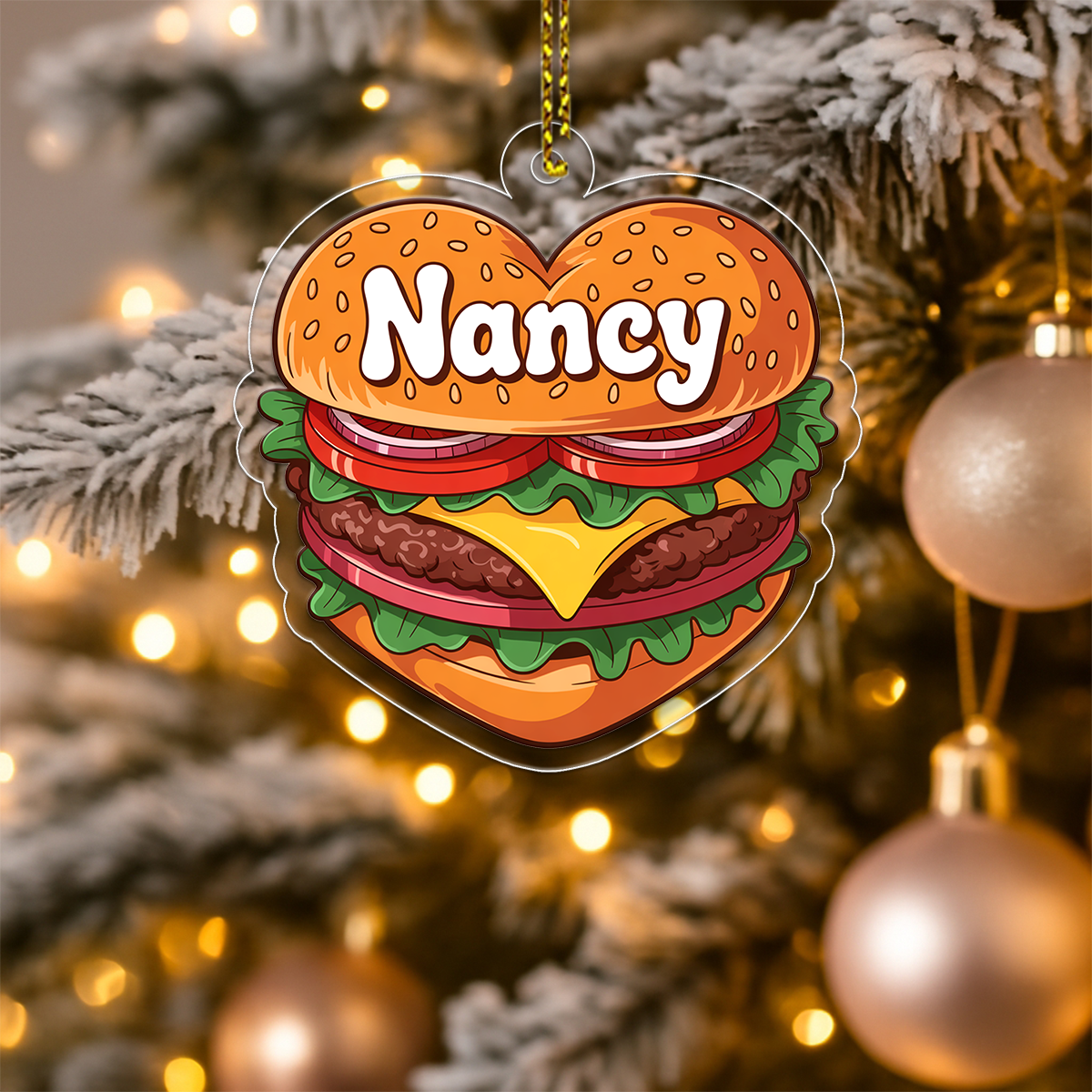 Personalized Heart Hamburger Ornament, Custom Gift for Food Lovers, Funny Ornament, Custom Holiday Ornament