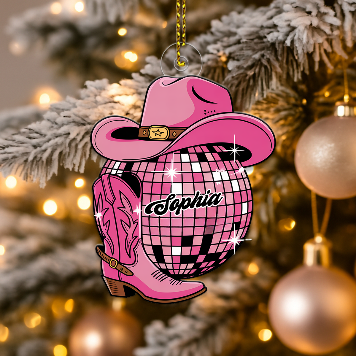 Custom Name Cowboy Boots And Disco Ball Acrylic Ornament Christmas Gift