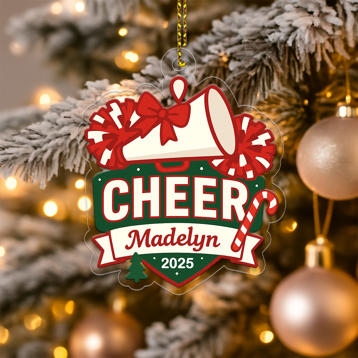 Custom Name Cheerleader, Pom-Poms, Megaphone Acrylic Ornament Christmas Gift