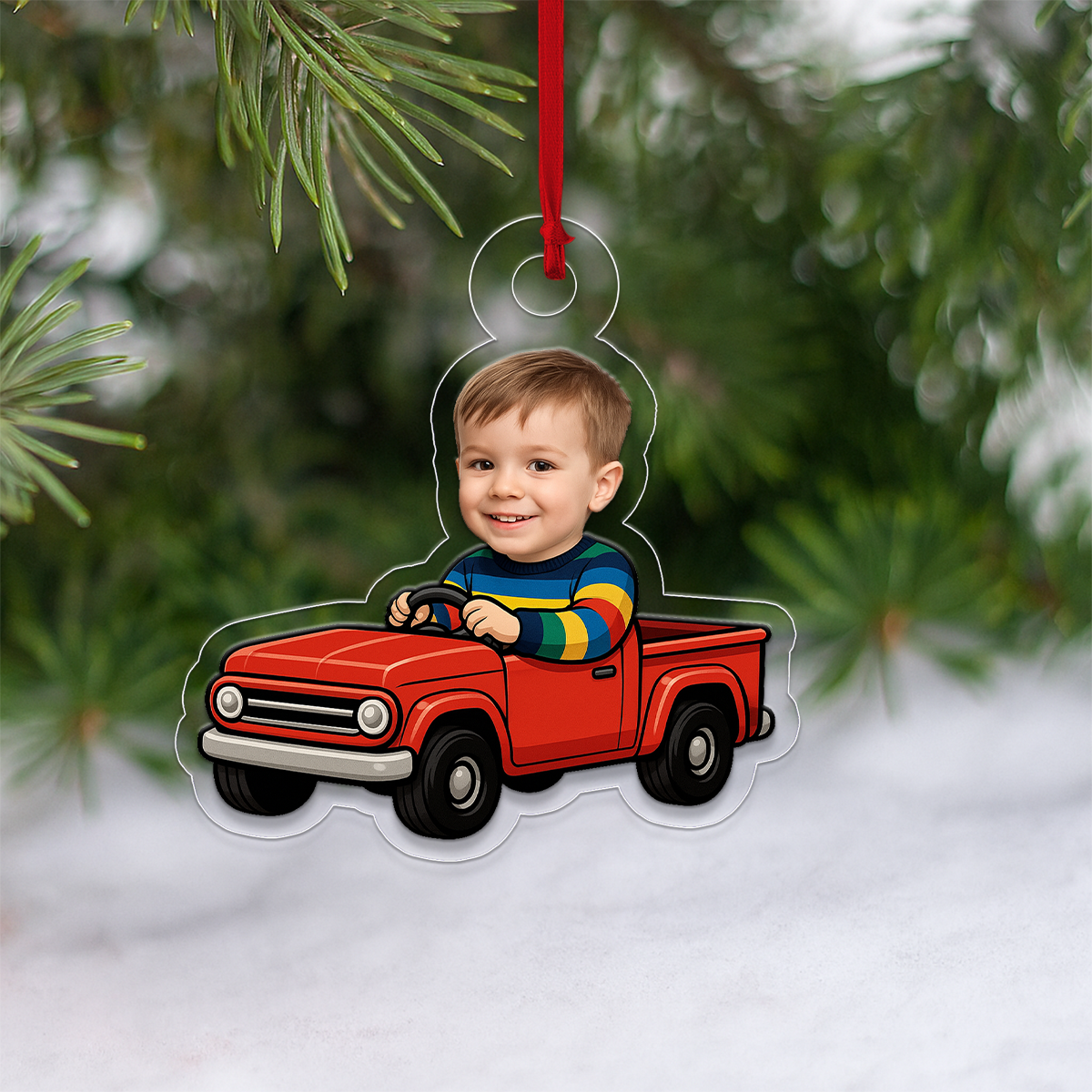 Personalized Red Truck Ornament with Custom Face Photo, Funny Christmas Ornament, Holiday Keepsake, Kids Ornament