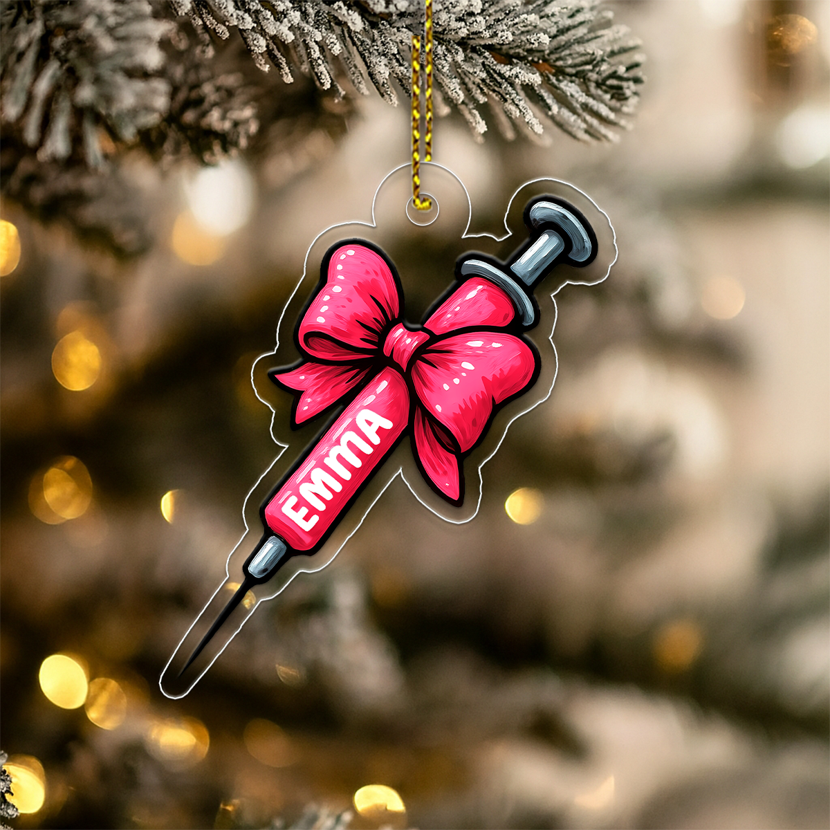 Personalized Bow Syringe Ornament, Custom Christmas Ornament, Nurse Ornament, Doctor Gift, Funny Medical Ornament, Healthcare Holiday Decor