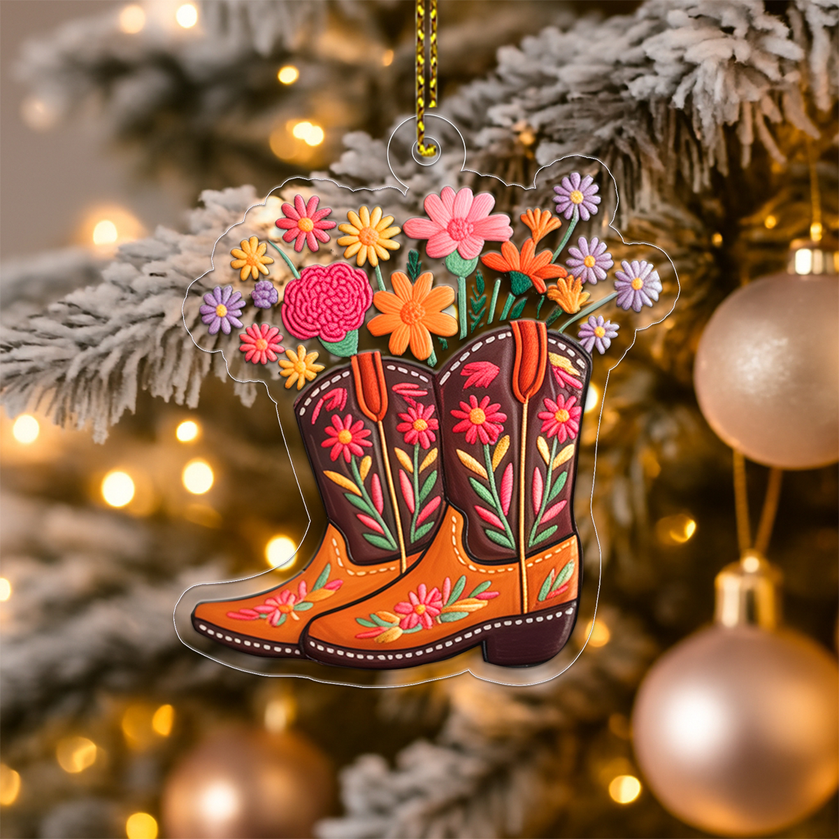 Custom Name Flower Cowgirl Boots Acrylic Ornament Christmas Gift
