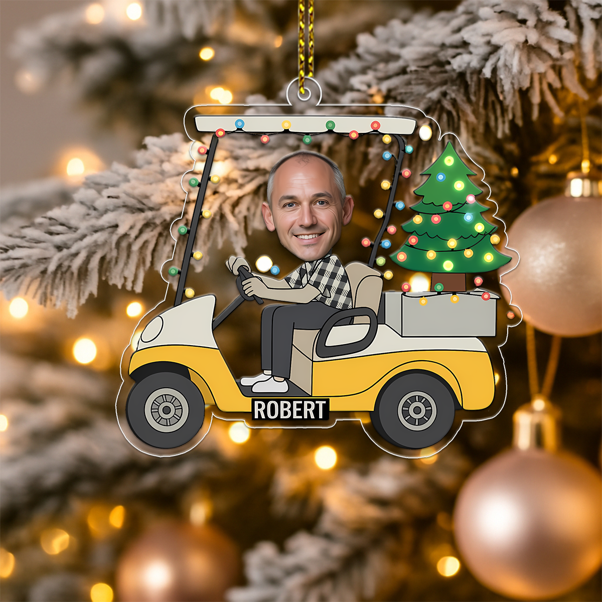 Custom Photo Funny Face Golf Cart Acrylic Ornament Christmas Gift