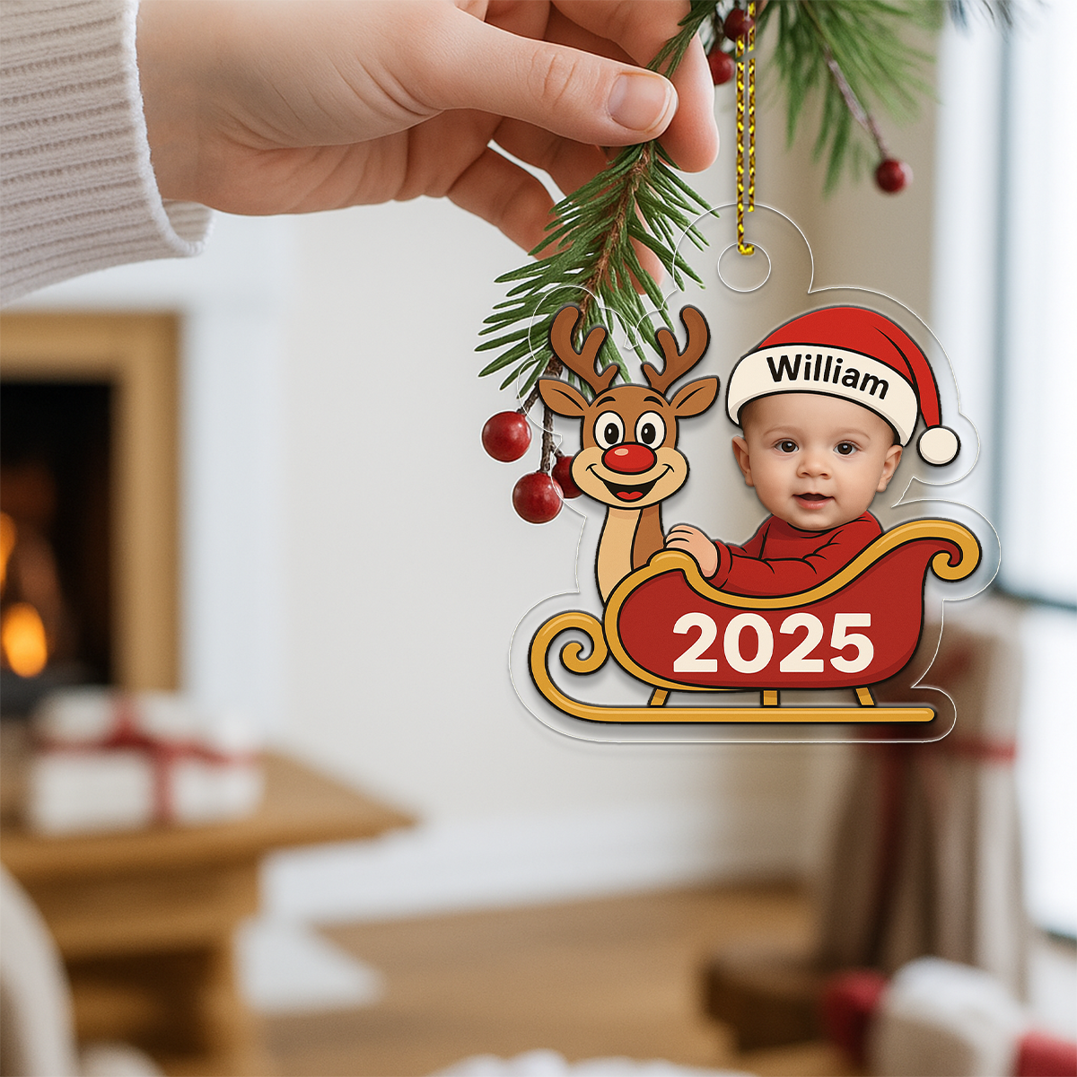 Personalized Baby Reindeer Ornament, Custom Baby Photo Christmas Ornament, Family Keepsake Decoration, Baby’s First Xmas Ornament