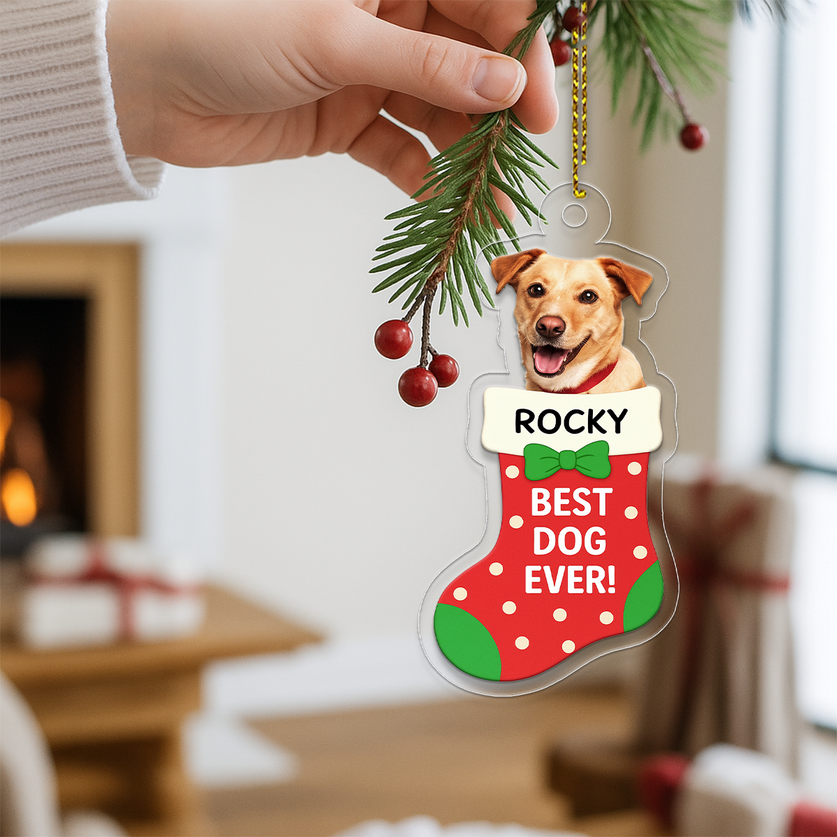 Custom Photo Dog In Stocking Christmas Ornament, Personalized Pet Ornament, Dog Photo Ornament, Pet Lover Gift, Holiday Decoration Keepsake